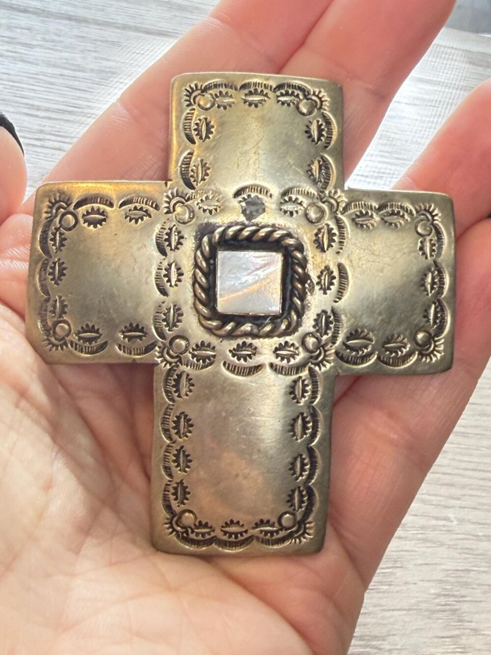 Vintage Mexico Cross Brooch Pendant Abalone Inlay Hammered Silver 3”